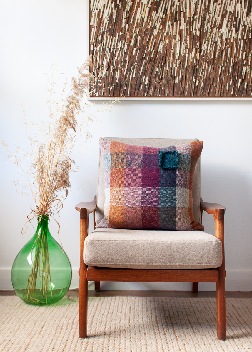 handwoven check cushion cover inspired by the colours of the Matucana sweet pea