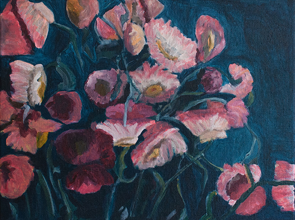 Acrylic painting on indigo dyed linen of strawflowers