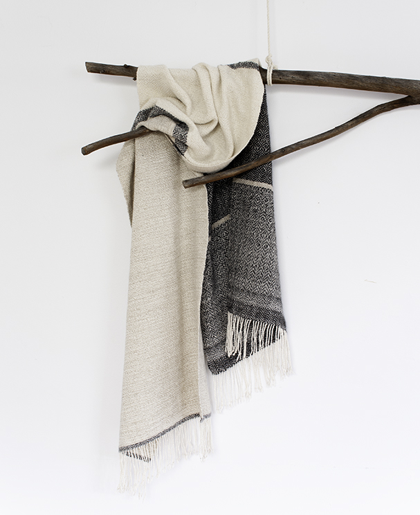 silky soft cozy herringbone handwoven scarf in natural shades, woven for the sibling scarf series.